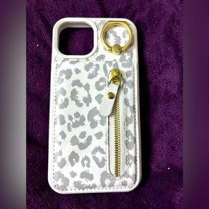 NWOT~IPhone 11/12 Phone case, w/Selfie Ring & Snap Close ID Wallet. White/Grey